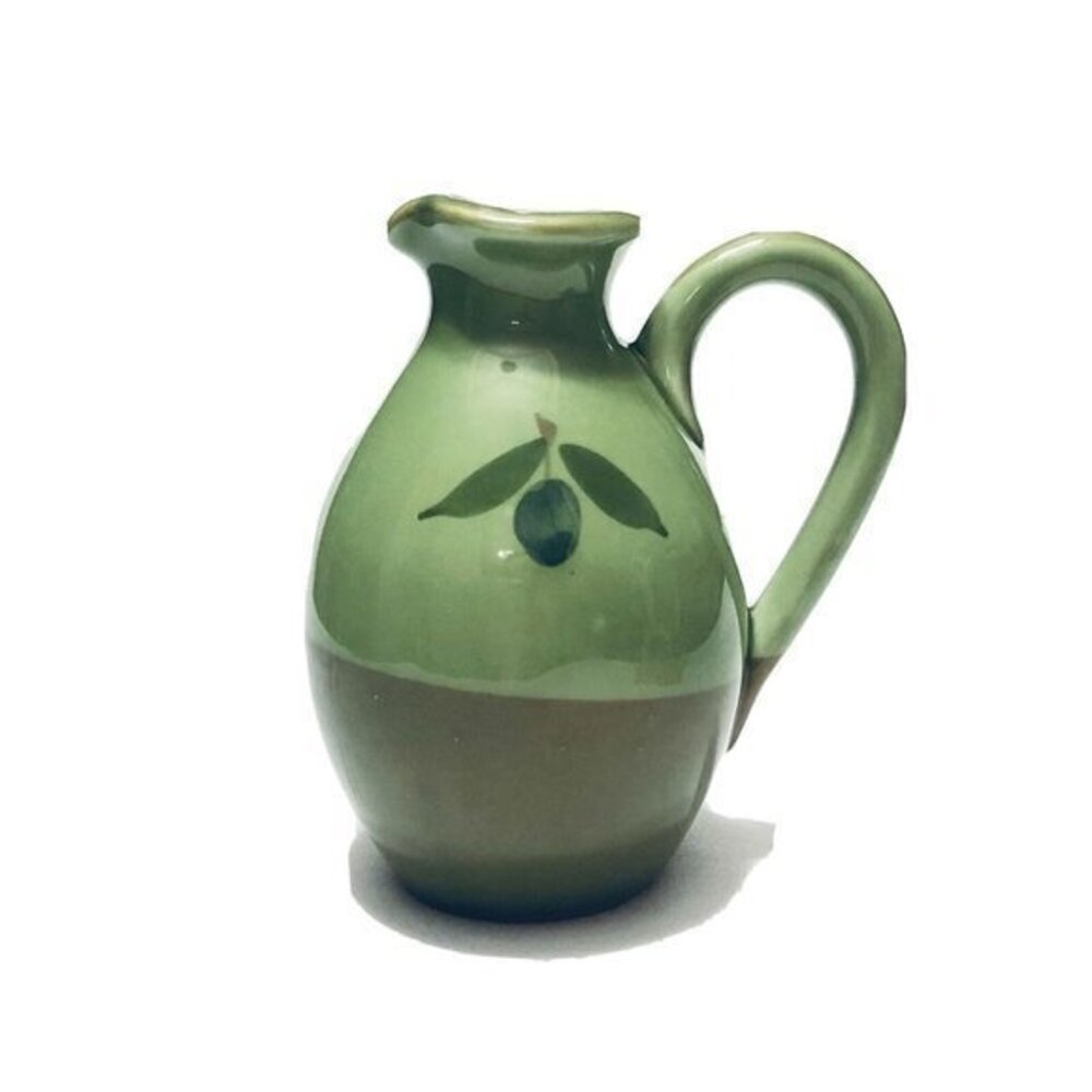 Studio Art Pottery Pitcher Two Color Green With Olive Dedign 5”